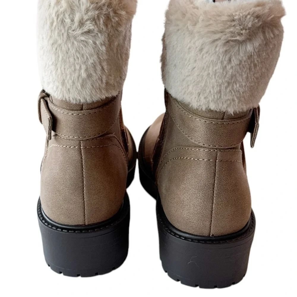 DV By Dolce Vita Oaklyn Faux Leather Boots Brown Fur Round Toe Zip Buckle 8.5